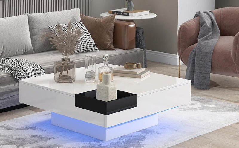 Supfirm Modern Minimalist Design 31.5*31.5in Square Coffee Table with Detachable Tray and Plug-in 16-color LED Strip Lights Remote Control for Living Room