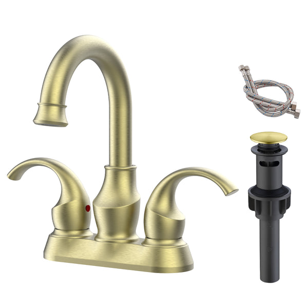 Supfirm Bathroom Faucet 2-Handle Brushed Gold with 360 Degree Rotating Spout, Crescent Moon Style 4-inch Centerset Vanity Sink with Pop-Up Drain and Supply Hoses, FR4090-BG