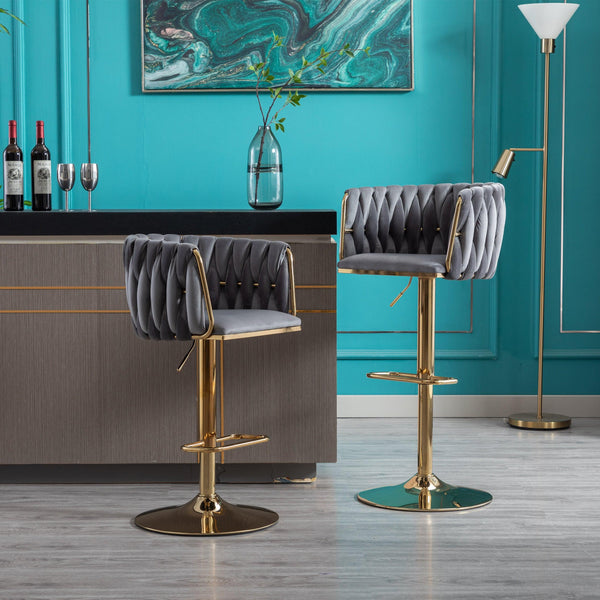 Set of 2 Bar Kitchen Stools Seat,with Chrome Footrest and Base Swivel Height Adjustable Mechanical Lifting Velvet + Golden Leg Simple Bar Stool-Grey - Supfirm