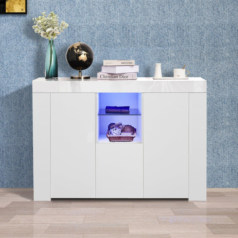 Supfirm Kitchen Sideboard Cupboard with LED Light, White High Gloss Dining Room Buffet Storage Cabinet Hallway Living Room TV Stand Unit Display Cabinet with Drawer and 2 Doors
