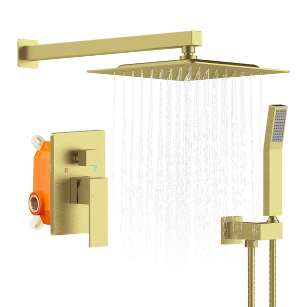 Supfirm Shower System Shower Faucet Combo Set Wall Mounted with 12" Rainfall Shower Head and handheld shower faucet, Brushed Gold Finish with Brass Valve Rough-In