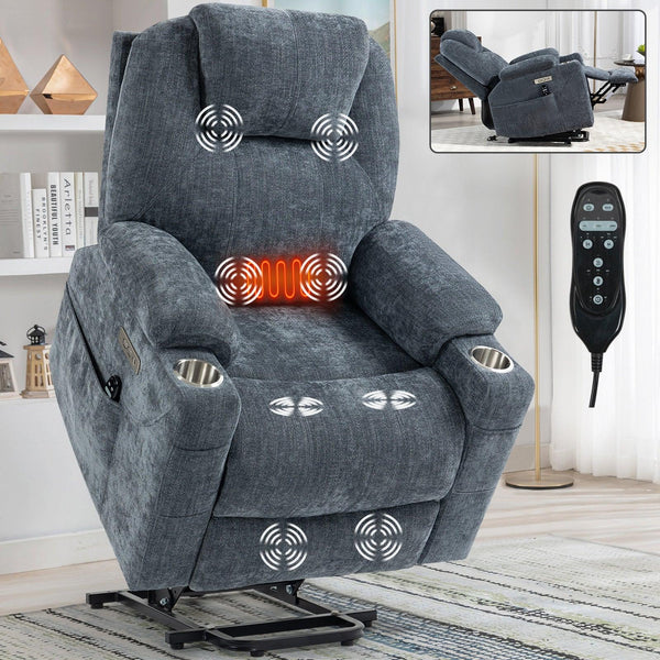 Okin motor Up to 350 LBS Chenille Power Lift Recliner Chair, Heavy Duty Motion Mechanism with 8-Point Vibration Massage and Lumbar Heating, USB and Type-C Ports, Stainless Steel Cup Holders, Blue - Supfirm