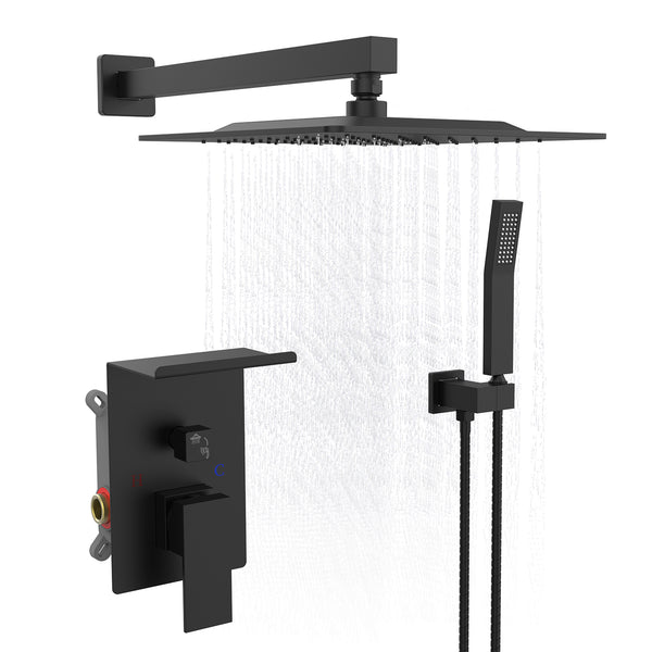 Supfirm Rainfall Shower System With Storage Rack 10 inch Shower Faucet Set Matte Black with High Pressure with Square Shower Head Luxury Shower Set Wall Mount