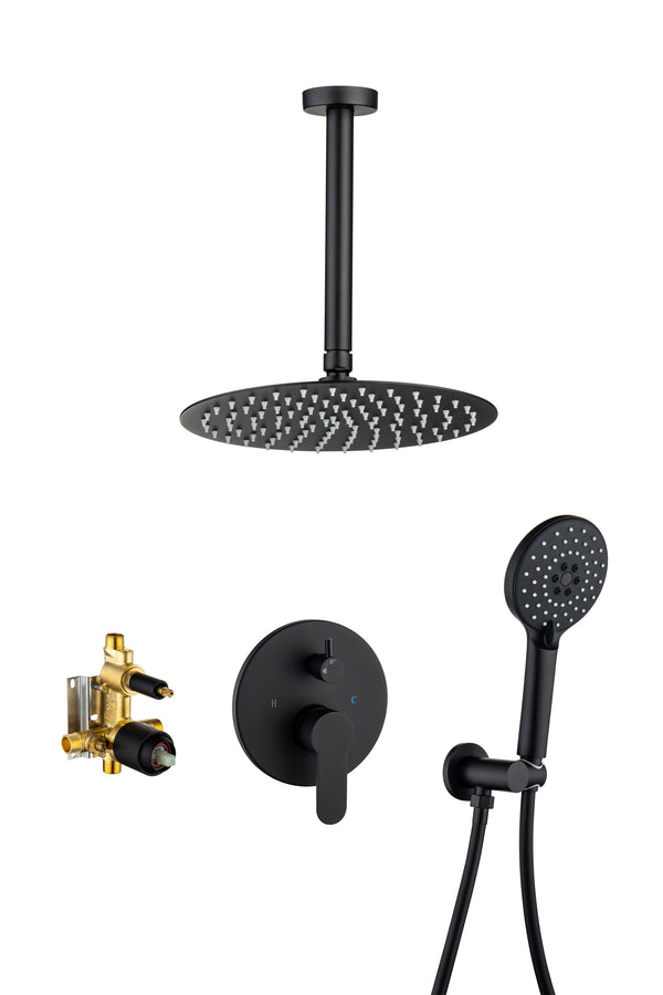 Supfirm Black Shower System, Ceiling Rainfall Shower Faucet Sets Complete of High Pressure, Rain Shower Head with Handheld, Bathroom Shower Combo with Rough-in Valve Included