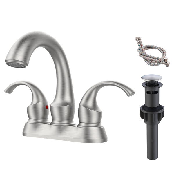 Supfirm Bathroom Faucet 2-Handle Brushed Nickel with Aerator, Swan Style 4-inch Centerset Vanity Sink with Pop-Up Drain and Supply Hoses, FR4075-NP