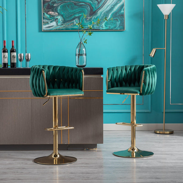Set of 2 Bar Kitchen Stools Seat,with Chrome Footrest and Base Swivel Height Adjustable Mechanical Lifting Velvet + Golden Leg Simple Bar Stool-Green - Supfirm
