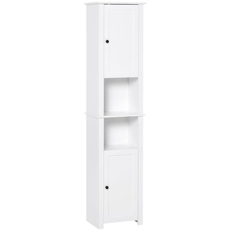 Supfirm Tall Bathroom Storage Cabinet, Freestanding Linen Tower with 2-Tier Shelf and 2 Cabinets, Narrow Side Floor Organizer, White