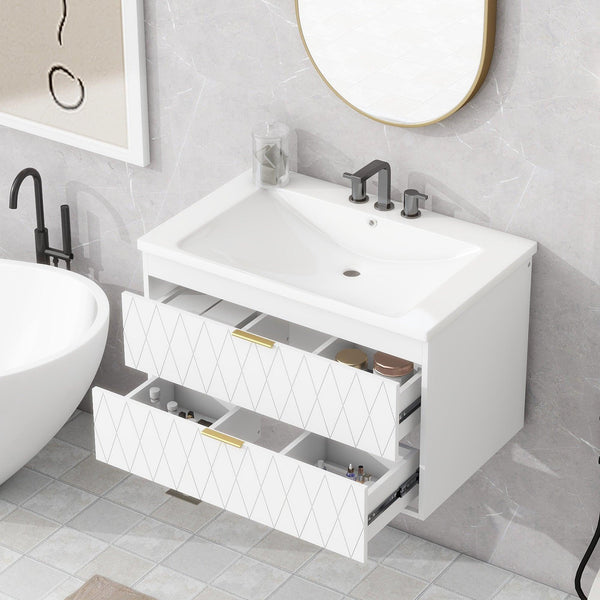 Supfirm 30'' Wall Mounted Bathroom Vanity with Resin Sink,Floating Bathroom Storage Cabinet with 2 Drawers, Solid Wood Bathroom Cabinet - Supfirm