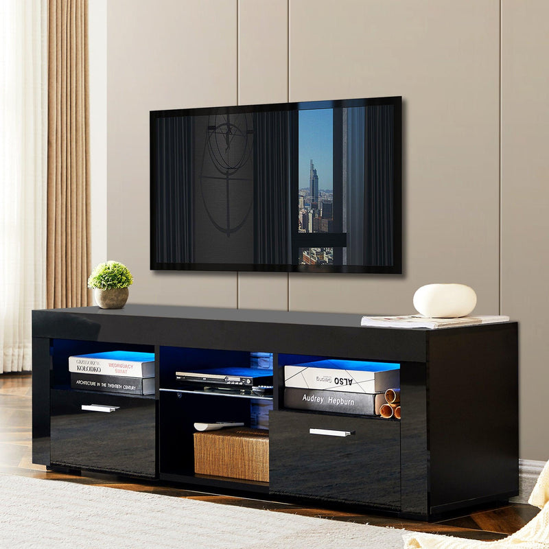 Supfirm Black morden TV Stand with LED Lights,high glossy front TV Cabinet,can be assembled in Lounge Room, Living Room or Bedroom,color:Black