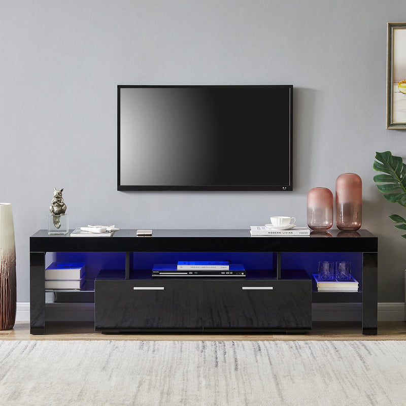 Supfirm Black morden TV Stand with LED Lights,high glossy front TV Cabinet,can be assembled in Lounge Room, Living Room or Bedroom,color:black