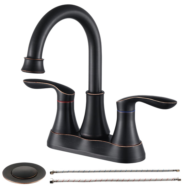 Supfirm 2-Handle 4-Inch Oil Rubbed Bronze Bathroom Faucet, Bathroom Vanity Sink Faucets with Pop-up Drain and Supply Hoses