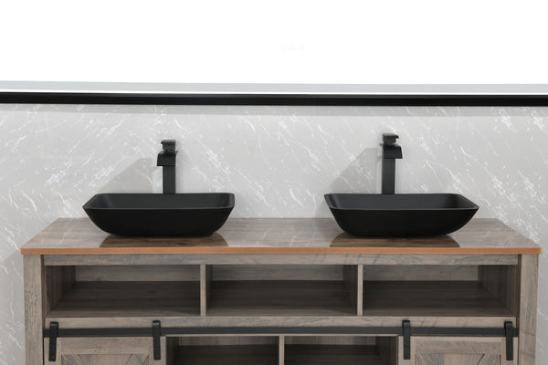 Supfirm Supfirm 13.0" L -18.13" W -4" H Matte Shell Glass Rectangular Vessel Bathroom Sink in Black with Matte Black Faucet and Pop-Up Drain in Matte Black