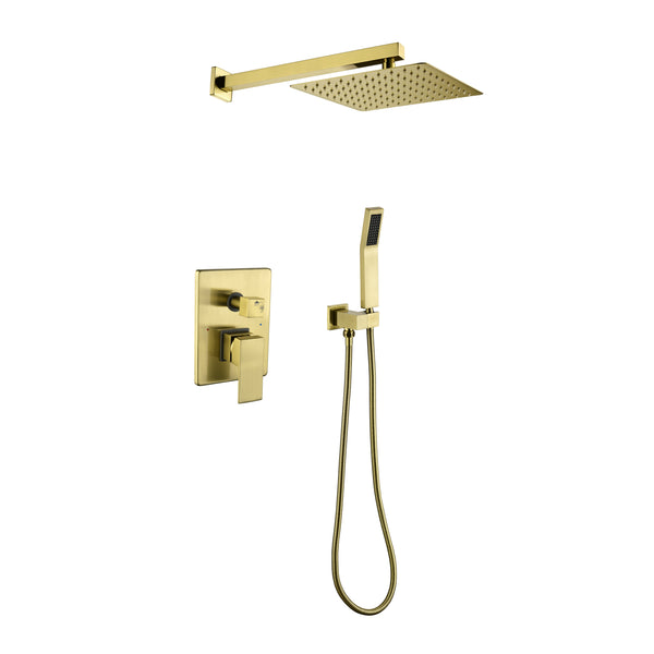 Supfirm Brushed Gold Shower System, Bathroom 10 Inches Rain Shower Head with Handheld Combo Set, Wall Mounted High Pressure Rainfall Dual Shower Head System, Shower Faucet Set with Valve and Trim