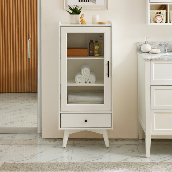 Supfirm Modern Bathroom Storage Cabinet & Floor Standing cabinet with Glass Door with Double Adjustable Shelves and One Drawer, Extra Storage Space on Top, White(19.75"×13.75"×46")