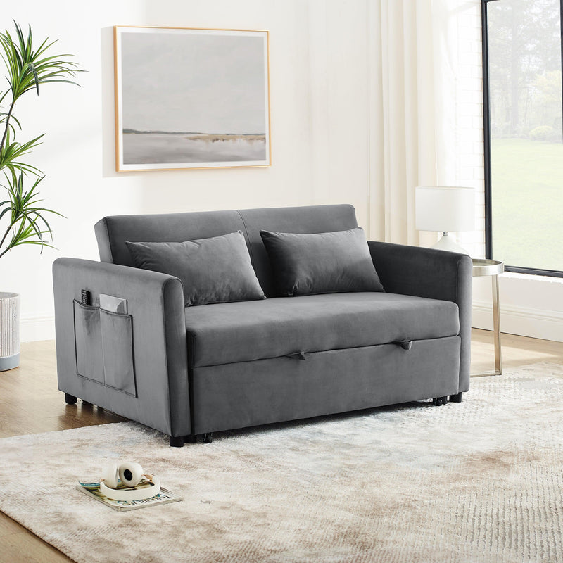 Convertible Sofa Bed, 3-in-1 Versatile Velvet Double Sofa with Pullout Bed, Seat with Adjustable Backrest, Lumbar Pillows, and Living Room Side Pockets, 54 Inch, Grey - Supfirm