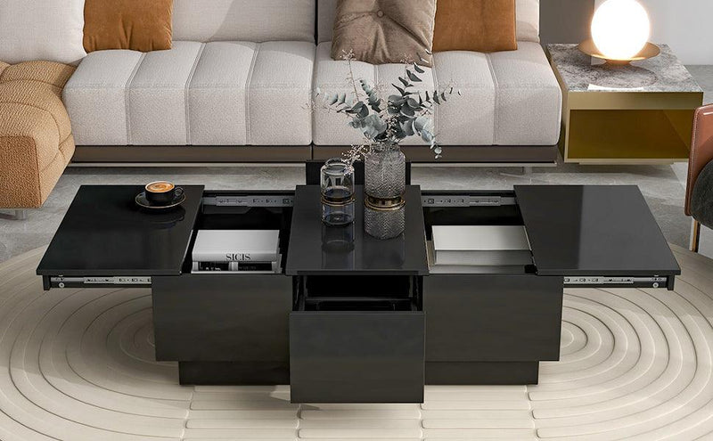 Supfirm Multifunctional Coffee Table with 2 large Hidden Storage Compartment, Extendable Cocktail Table with 2 Drawers, High-gloss Center Table with Sliding Top for Living Room, 39.3"x21.6", Black