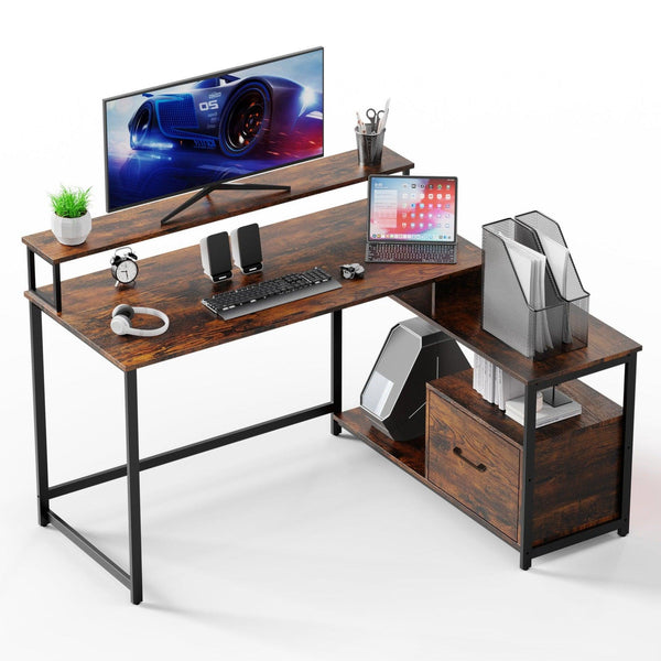 Home Office Computer Desk with File Drawer, LED Strip, Power Outlet, L-Shaped Gaming Desk with Monitor Shelf and Printer Storage Shelf - Supfirm