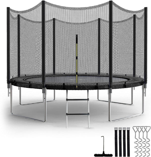 Simple Deluxe Trampoline for Kids with Safety Enclosure Net Wind Stakes 12FT Simple Deluxe 400LBS Weight Capacity Outdoor Backyards Trampolines with Non-Slip Ladder for Children Adults Family, Black - Supfirm