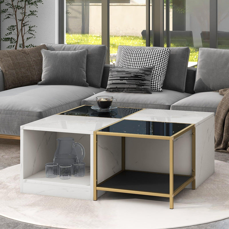 Supfirm 2-layer Modern Coffee Table with Metal Frame, Cocktail Table with High Gloss White Marble Finish, Simply Assemble Square Corner Tables for Living Room, 31.5”x 31.5” - Supfirm