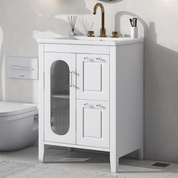 Supfirm 24" Bathroom Vanity with Sink, Bathroom Vanity Cabinet with Two Drawers and Door, Adjustable Shelf, Solid Wood and MDF, White - Supfirm