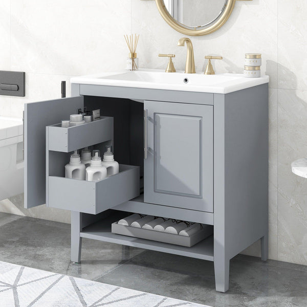 Supfirm 30" Bathroom Vanity with Sink, Multi-functional Bathroom Cabinet with Doors and Drawers, Solid Frame and MDF Board, Grey - Supfirm