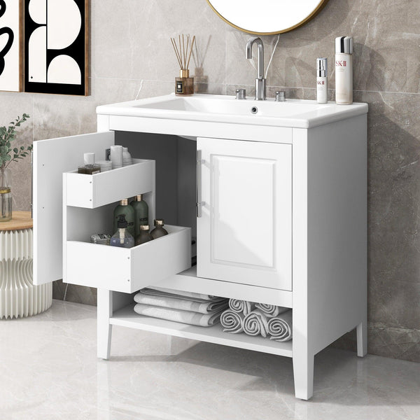 Supfirm 30" Bathroom Vanity with Sink, Multi-functional Bathroom Cabinet with Doors and Drawers, Solid Frame and MDF Board, White - Supfirm