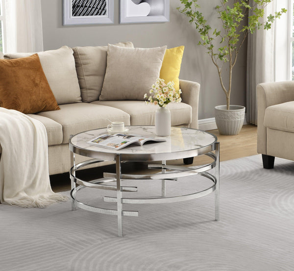 32.48'' Chrome Round Coffee Table With Sintered Stone Top&Sturdy Metal Frame, Modern Coffee Table for Living Room, Silver - Supfirm