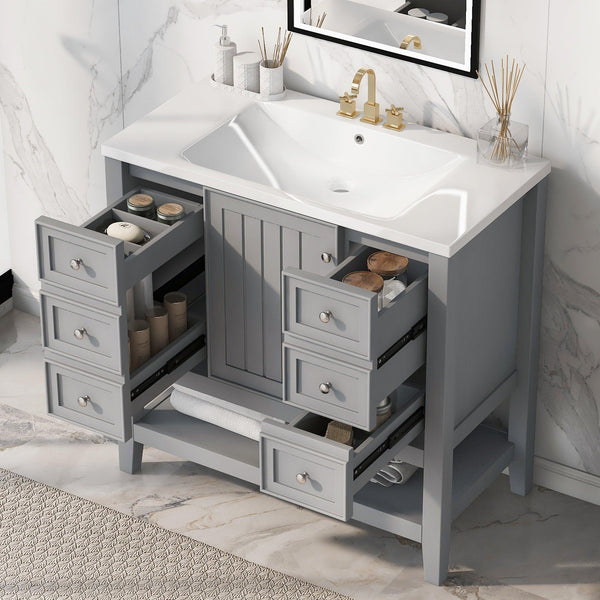 36" Bathroom Vanity with Sink Combo, One Cabinet and Three Drawers, Solid Wood and MDF Board, Grey - Supfirm