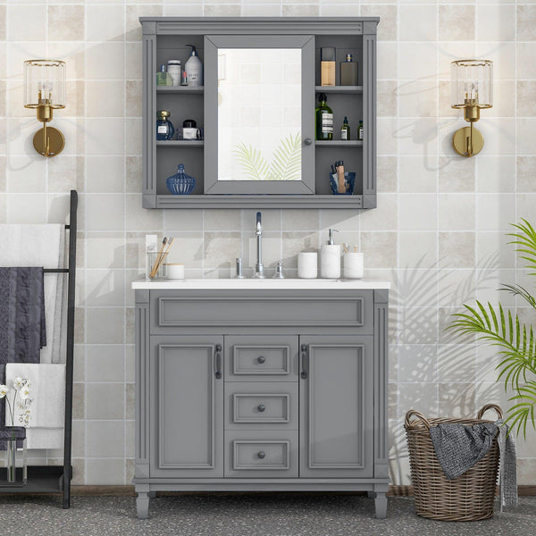 36'' Bathroom Vanity with Top Sink, Grey Mirror Cabinet, Modern Bathroom Storage Cabinet with 2 Soft Closing Doors and 2 Drawers, Single Sink Bathroom Vanity - Supfirm