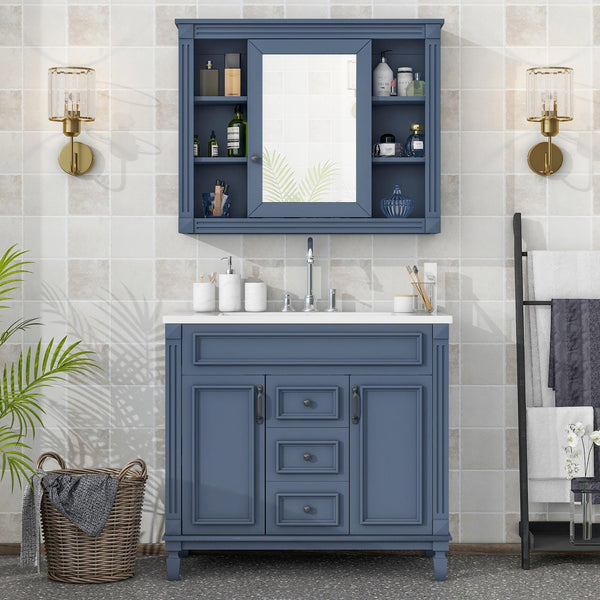 36'' Bathroom Vanity with Top Sink, Royal Blue Mirror Cabinet, Modern Bathroom Storage Cabinet with 2 Soft Closing Doors and 2 Drawers, Single Sink Bathroom Vanity - Supfirm