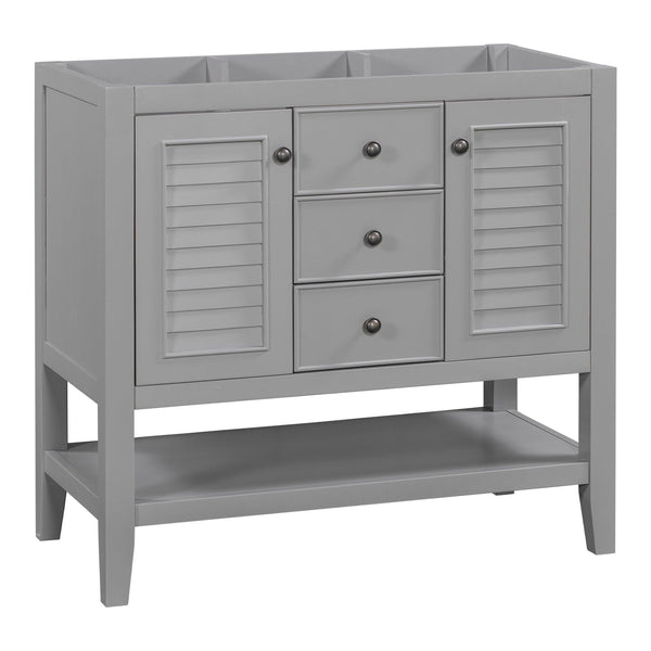 36" Bathroom Vanity without Sink, Cabinet Base Only, Two Cabinets and Drawers, Open Shelf, Solid Wood Frame, Grey - Supfirm