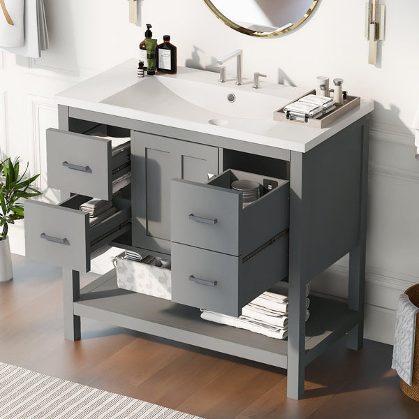 36" Gray Modern Bathroom Vanity with USB,Two Shallow Drawers, One Deep Drawer,One door,Single Resin Sink,Small Bathroom Organization Cabinet - Supfirm