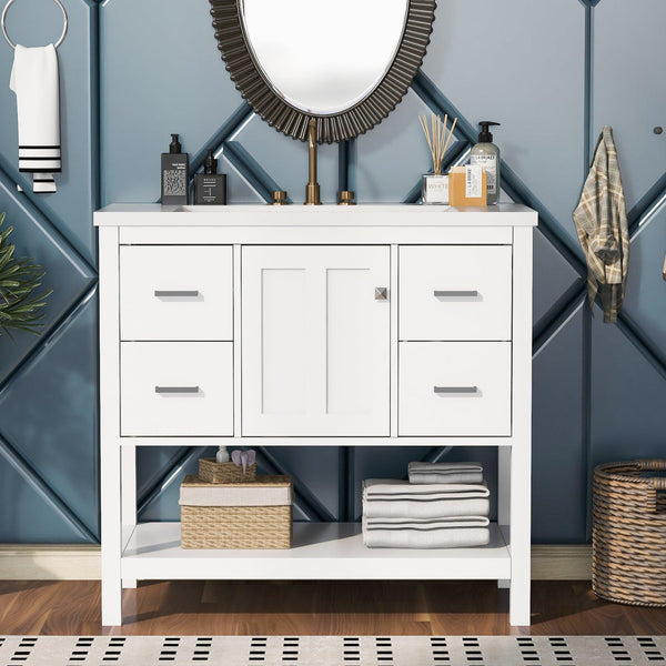 36" White Modern Bathroom Vanity with USB,Two Shallow Drawers, One Deep Drawer,One door,Single Resin Sink,Small Bathroom Organization Cabinet - Supfirm