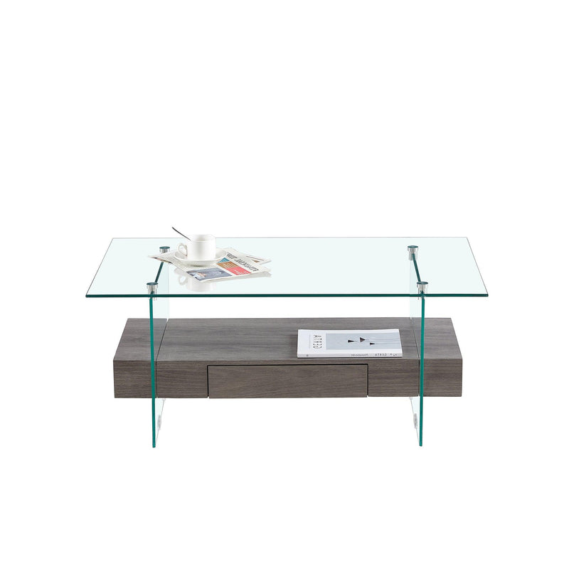 Supfirm 37.8" Tempered Glass Coffee table with Dual Shelves and MDF Drawer, Tea Table for living roon, bedroom，transparent/gray - Supfirm