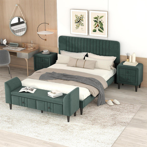 4-Pieces Bedroom Sets Queen Size Upholstered Platform Bed with Two Nightstands and Storage Bench-Green - Supfirm
