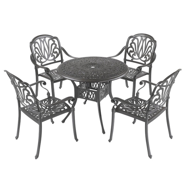 5PCS Outdoor Furniture Dining Table Set All-Weather Cast Aluminum Patio Furniture Includes 1 Round Table and 4 Chairs with Umbrella Hole for Patio Garden Deck, Lattice Weave Design,BLACK COLOR - Supfirm