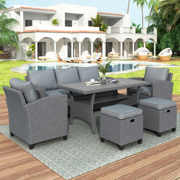 Supfirm 6-Piece Outdoor Rattan Wicker Set Patio Garden Backyard Sofa, Chair, Stools and Table(Gray Rattan+Gray Cushion) - Supfirm