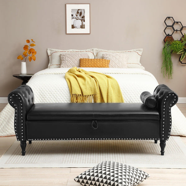 63" PU Upholstered End of Bed Bench Flip Top Entryway Ottoman with Safety Hinge Storage Rectangular Sofa Stool Buttons Tufted Nailhead Trimmed Solid Wood Legs with 1 Pillow,Black - Supfirm