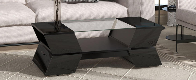 Supfirm 6mm Glass-Top Coffee Table with Open Shelves and Cabinets, Geometric Style Cocktail Table with Great Storage Capacity, Modernist 2-Tier Center Table for Living Room, Black - Supfirm