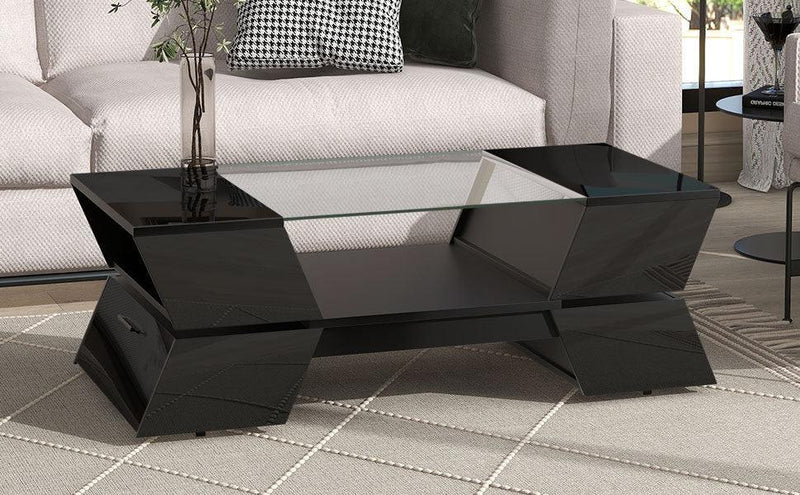 Supfirm 6mm Glass-Top Coffee Table with Open Shelves and Cabinets, Geometric Style Cocktail Table with Great Storage Capacity, Modernist 2-Tier Center Table for Living Room, Black - Supfirm
