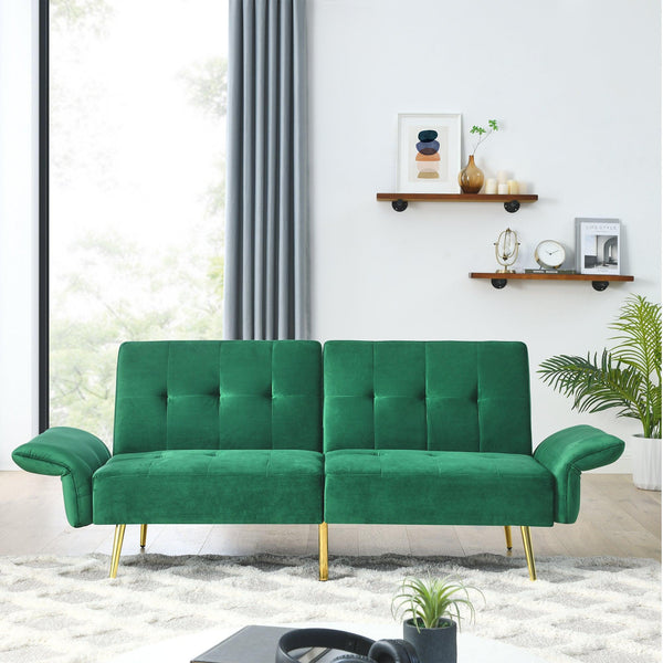78" Italian Velvet Futon Sofa Bed, Convertible Sleeper Loveseat Couch with Folded Armrests and Storage Bags for Living Room and Small Space, Green 280g velvet - Supfirm