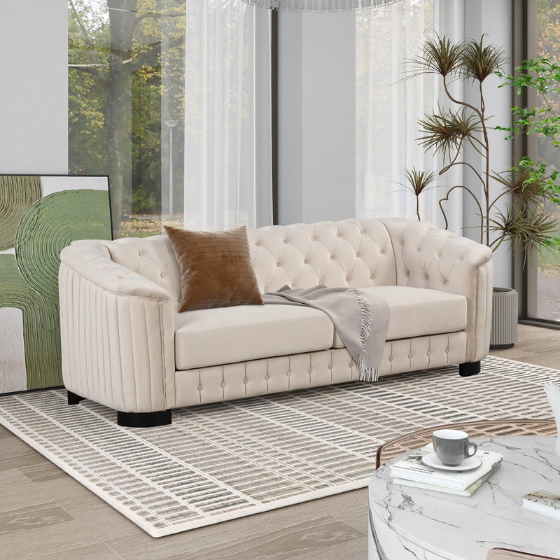 Supfirm 82" Mid Century Modern Sofa with Rubber Wood Legs,Velvet Upholstered Sofa Couch,Sofa with Thick Removable Seat Cushion, 3 Seater Sofa Couch for Living Room,Beige - Supfirm