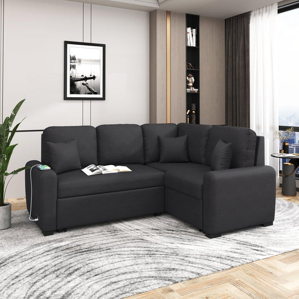 87.4"Sectional Sleeper Sofa with USB Charging Port and Plug Outlet,Pull-Out Sofa Bed with 3 Pillows, L-Shape Chaise for Living Room Small Apartment,Black (old sku SG000720AAB) - Supfirm