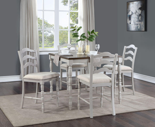 ACME Bettina 5PC COUNTER HEIGHT TABLE SET Beige Fabric, Antique White & Weathered Oak Finish DN01439 - Supfirm
