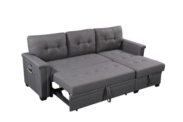 Supfirm Ashlyn Dark Gray Reversible Sleeper Sectional Sofa with Storage Chaise, USB Charging Ports and Pocket - Supfirm