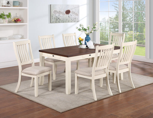 Classic Dining Room Furniture 7pc Dining Set Dining Table w Drawers 6x Side Chairs White Rubberwood Walnut Acacia Veneer Slats Back Chair - Supfirm