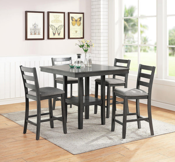 Classic Dining Room Furniture Gray Finish Counter Height 5pc Set Square Dining Table w Shelves Cushion Seat Ladder Back High Chairs Solid wood - Supfirm