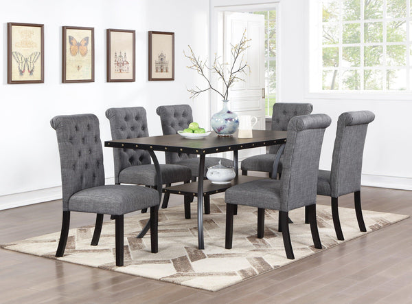Classic Dining Room Furniture Natural Wooden Rectangle Top Dining Table 6x Side Chairs Charcoal Fabric Tufted Toll Back Top Back Chair Nail heads Trim and Storage Shelve 7pc Dining Set - Supfirm