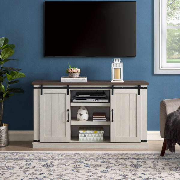 Classic Farmhouse Media TV Stand Transitional Entertainment Console for TV Up to 60" with Sliding Doors and Open Storage Space, Light Gray, 54.5"W*15.75"D*30.5"H - Supfirm