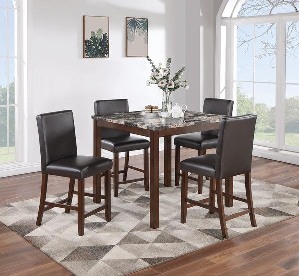 Classic Stylish Espresso Finish 5pc Counter Height Dining Set Kitchen Dinette Faux Marble Top Table and 4x High Chairs Faux Leather Cushions Seats Dining Room - Supfirm